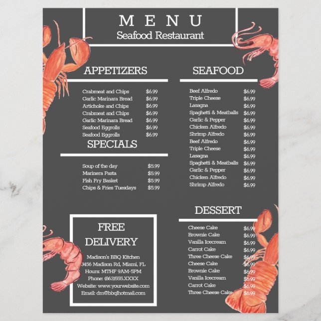 Vattenfärgskrabb grill restaurang meny grå (Framsidan)