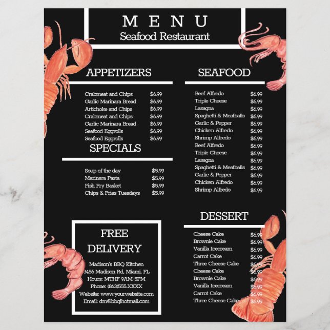 Vattenfärgskrabba Grill Restaurang Meny (Framsidan)