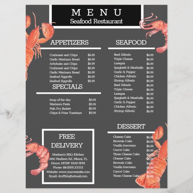 Vattenfärgskrabba Grill Restaurang Meny (Framsidan)
