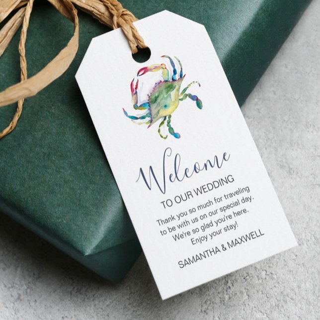 Vattenfärgskrabba välkomstpresentkort för strandbr presentetikett (Blue watercolor crab gift tag for wedding welcome package. Unique art by Victoria Grigaliunas)