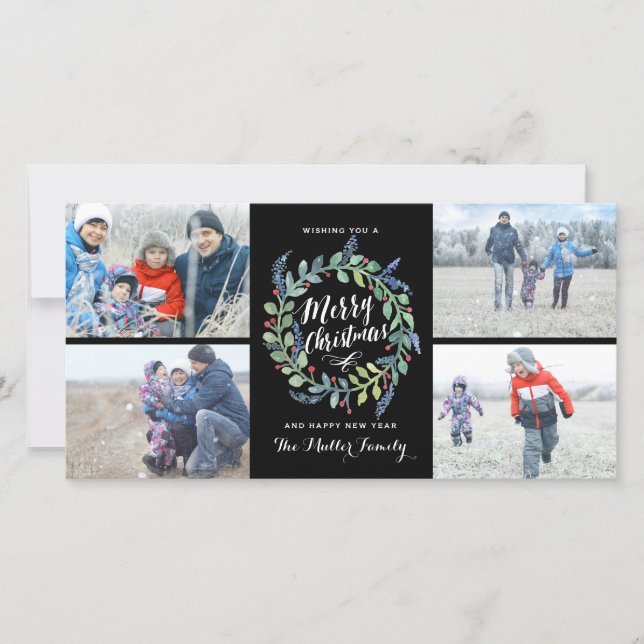 Vattenfärgskrans 4 Photo Helgdag Black Julkort (Framsida)