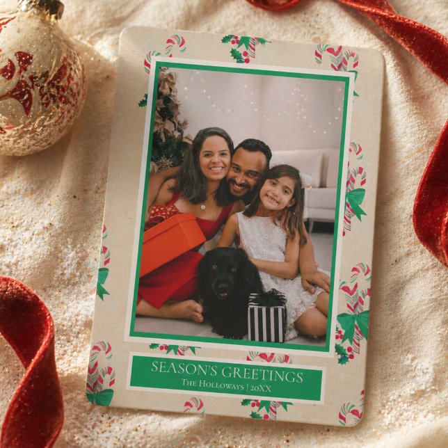 Vattenfärgskrans en bild julkort (Watercolor Candy Cane One Photo Holiday Card)