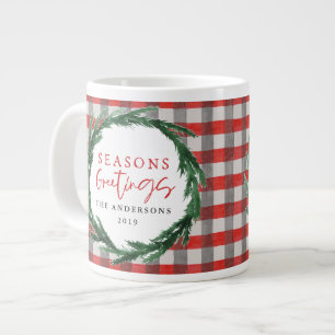 Vattenfärgskrans och check christmas-helgdag-gåv jumbo mugg