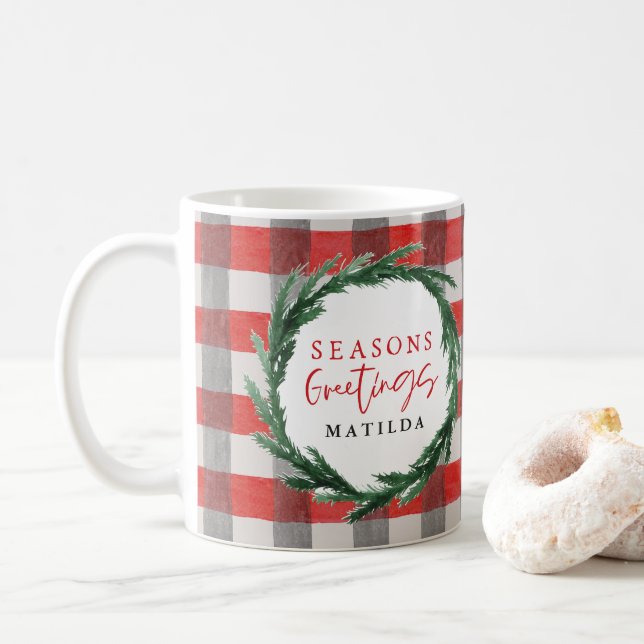 Vattenfärgskrans och check christmas-helgdag kaffemugg (Med munk)