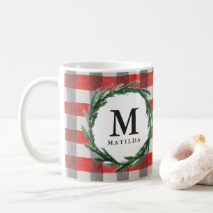 Vattenfärgskrans och kontroll av inledande julklum kaffemugg