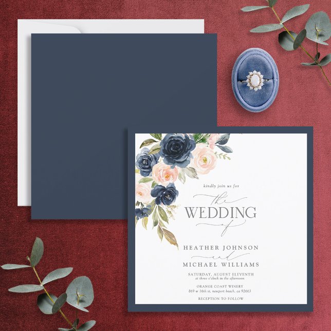 Vattenfärgskript för marin blå och  rosa, Blommigt Inbjudningar (Skapare uppladdad)