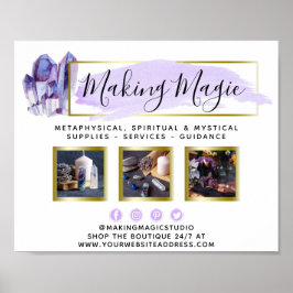 Vattenfärgskristaller och Guld Geometric Logotyp P Poster