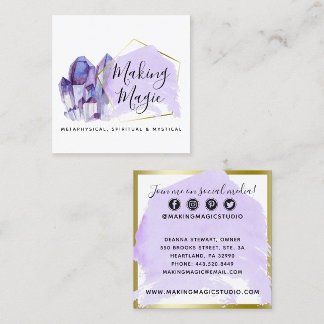 Vattenfärgskristaller och Guld-minimalistmedia Soc Fyrkantigt Visitkort (Fram/baksida)