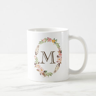 Vattenfärgskrubbor och fjädrar Boho-andningsmonogr Kaffemugg