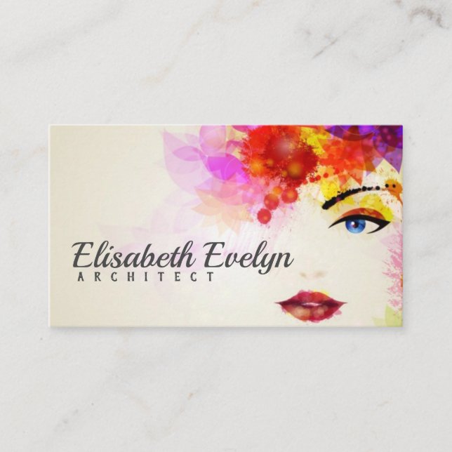 Vattenfärgskvinna ansikte med blommor i håret visitkort (Framsida)