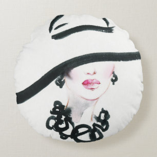 Vattenfärgskvinna porträtt, abstrakt mode-illamåen rund kudde