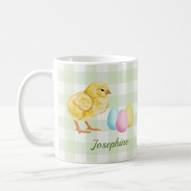Vattenfärgskyckling och ägg på grönt med namn kaffemugg (Vänster)