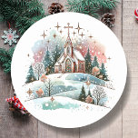 Vattenfärgskyrka på en vinterdag jul runt klistermärke<br><div class="desc">Julklistermärken med en vacker vattenfärgskyrka,  snötäcke och gnistor.</div>