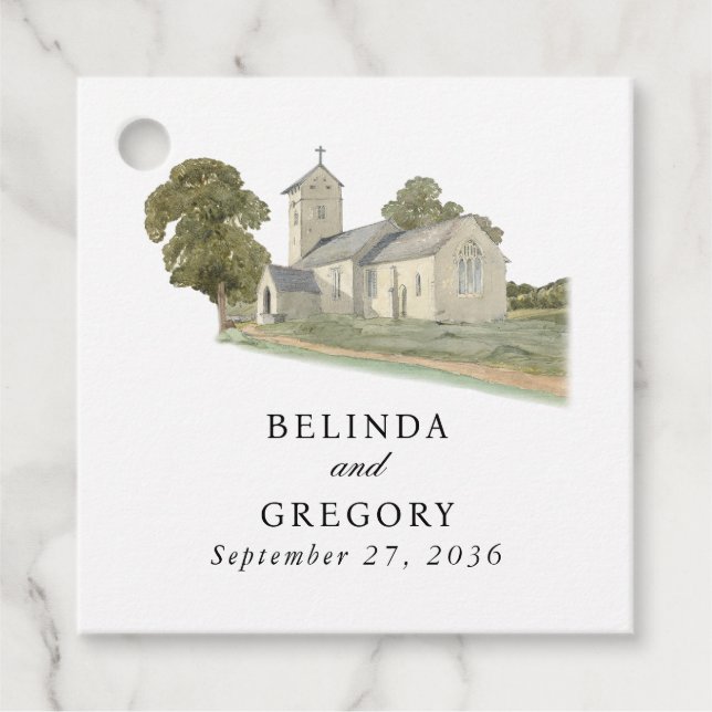 Vattenfärgskyrka Traditionell Monogram Bröllop Gåvor Etiketter (Framsida)