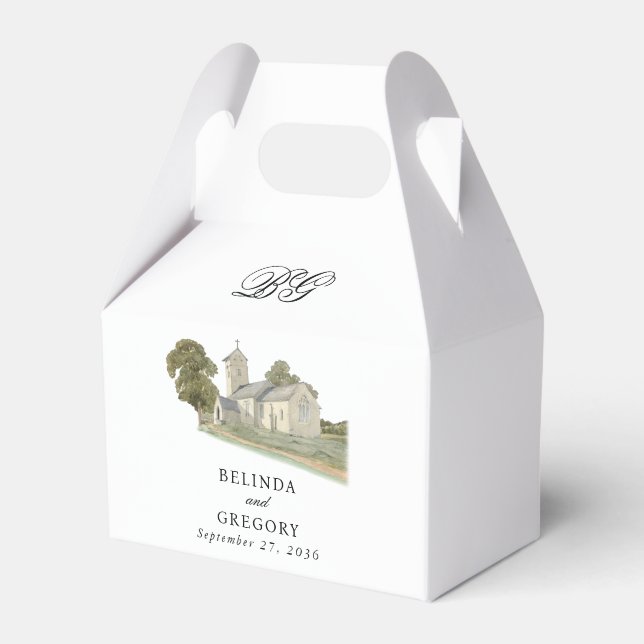 Vattenfärgskyrka Traditionell Monogram Bröllop Presentaskar (Framsidan Sidan)