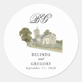 Vattenfärgskyrka Traditionell Monogram Bröllop Runt Klistermärke
