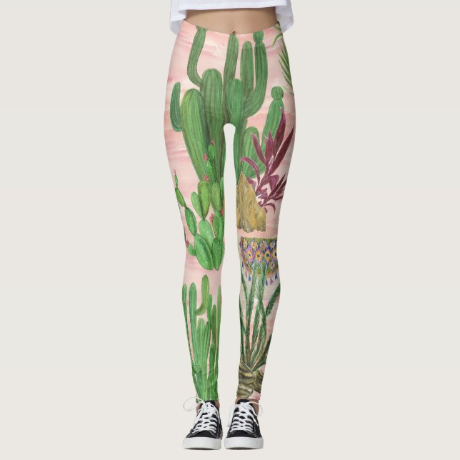 Vattenfärgslaman och cacti mönster. leggings (Framsida)