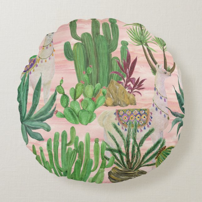 Vattenfärgslaman och cacti mönster. rund kudde (Framsidan)