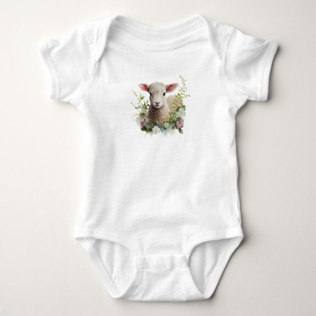 Vattenfärgslampa Baby med blomma T Shirt (Framsida)