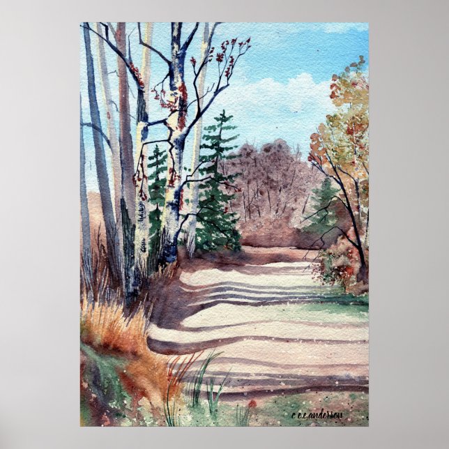 vattenfärgslandskap i höst färger promenad i skoge poster (Framsidan)