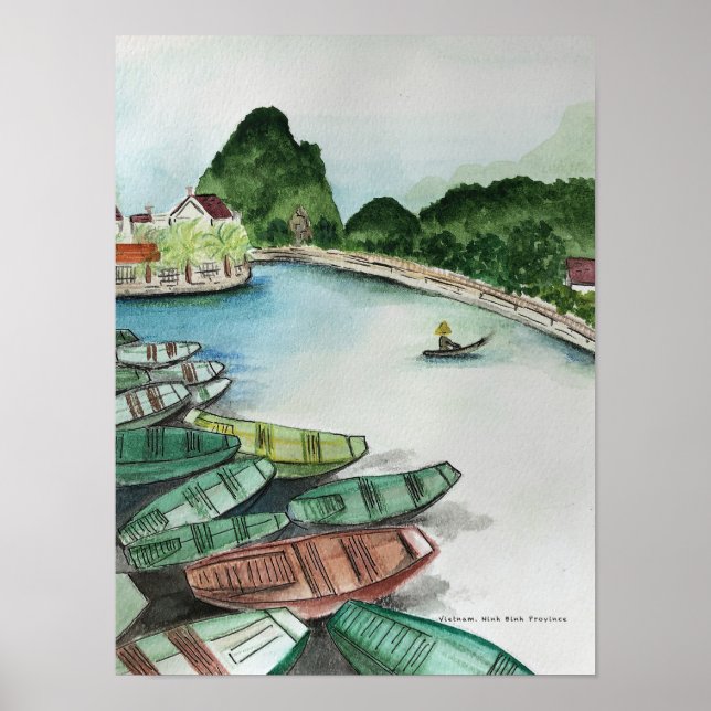 Vattenfärgslandskap, Vietnam, Tam Coc Poster (Framsidan)