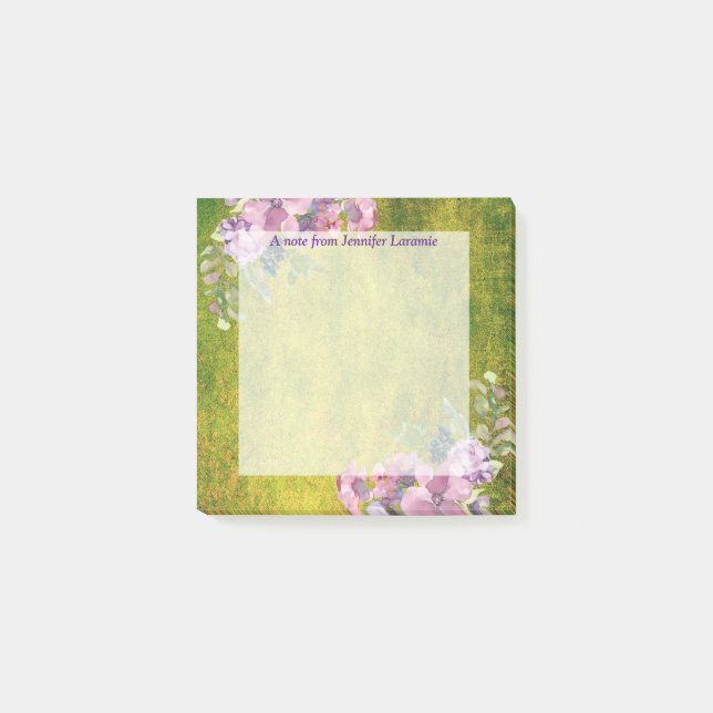 Vattenfärgslavender-Blommigt på Oliv grönt Post-it Block (Framsida)