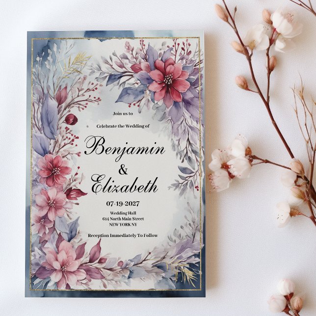 Vattenfärgslavender Blue guld blommigt rosa Bröllo Inbjudningar (Watercolor pink lavender blue gold floral Wedding)
