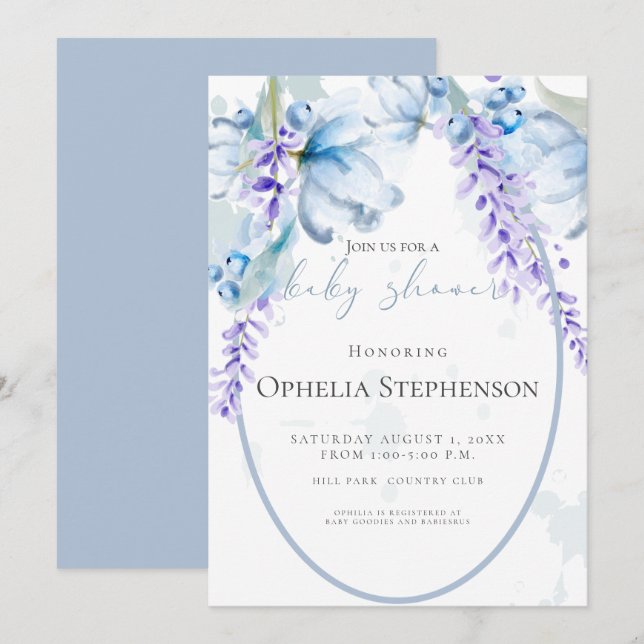 Vattenfärgslavender - Dusty Blue Blommigt Baby Sho Inbjudningar (Fram/baksida)