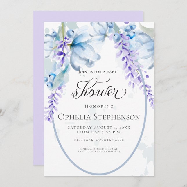 Vattenfärgslavender - Dusty Blue Blommigt Baby Sho Inbjudningar (Fram/baksida)