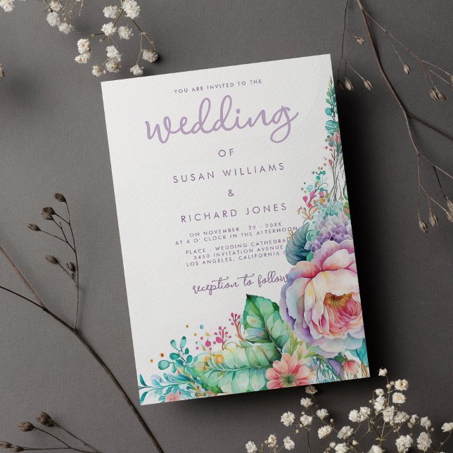 Vattenfärgslavender rosa mint coral blommigt bröll inbjudningar (Watercolor lavender pink mint coral floral wedding)