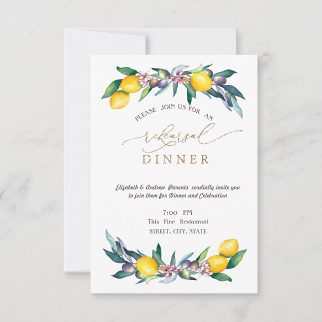 Vattenfärgsleemons Olife Rehearsal Dinner Inbjudningar (Framsida)