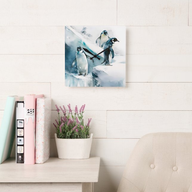 Vattenfärgslekfull Penguins-teckning Fyrkantig Klocka (Läsesal)