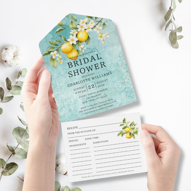 Vattenfärgslemon, Möhippa med recept (Watercolor Lemon Bridal Shower With Recipe All In One Invitation
)
