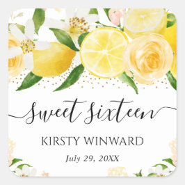 Vattenfärgslemoner och blommor, Sweet sixteen Fyrkantigt Klistermärke