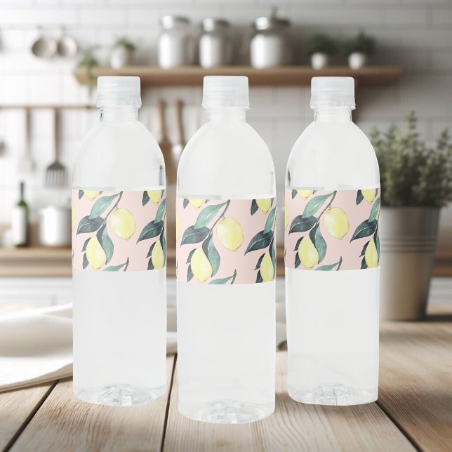 Vattenfärgslemoner och Löv Gult Sömlös Mönster Vattenflaskor Etikett (Skapare uppladdad)