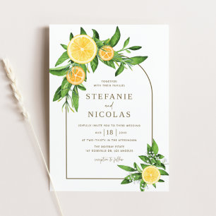 Vattenfärgslemoner och Orangar Arch Summer Bröllop Inbjudningar