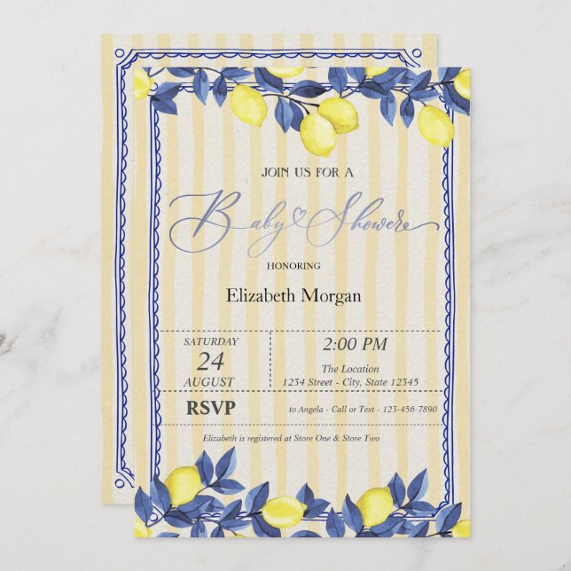 Vattenfärgslemonerna Gult Rand Babykläder Inbjudningar (Fram/baksida)
