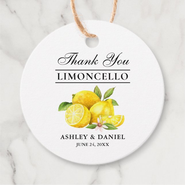 Vattenfärgslemonerna Limoncello Round-Märkre Gåvor Etiketter (Framsida)