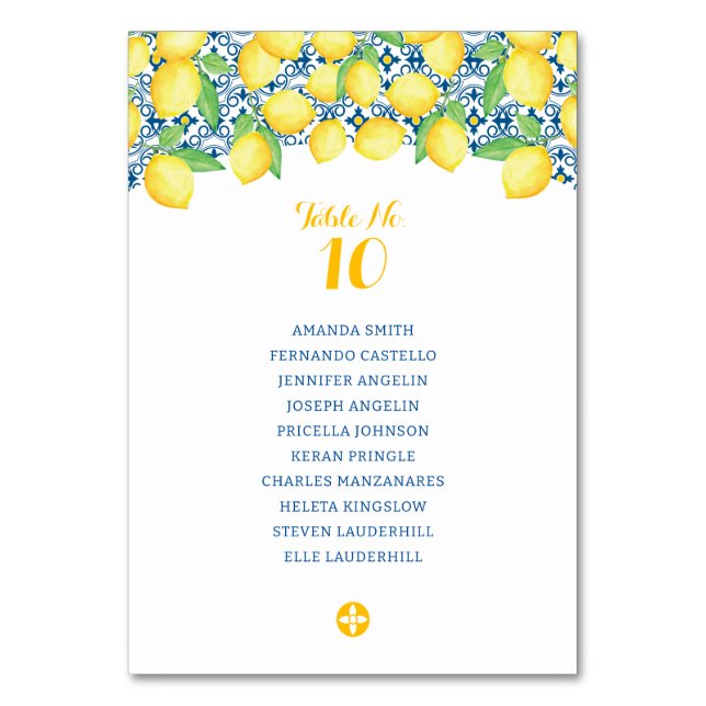 Vattenfärgslemonerna Medelhavet Tile Bröllop Bordsnummer (Framsidan)