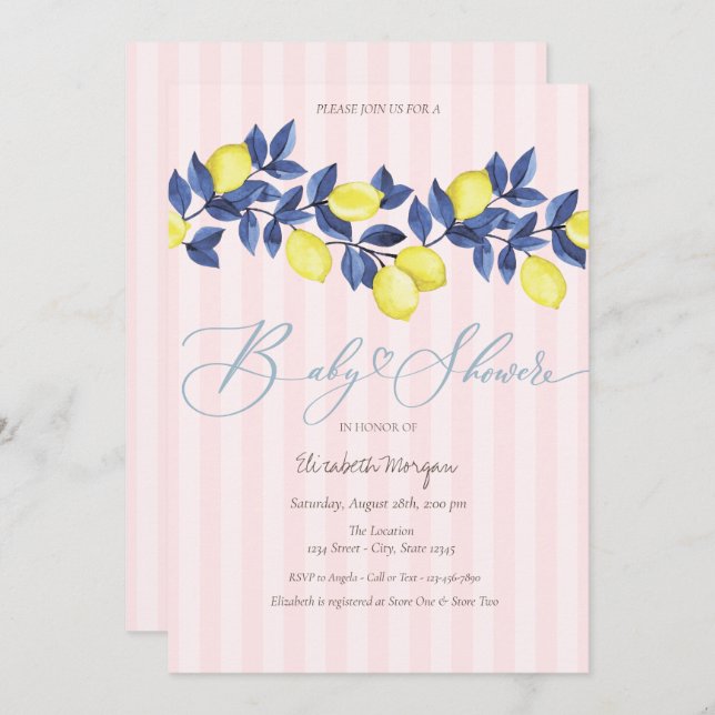 Vattenfärgslemonerna Rosa Strepe Baby Shower Inbjudningar (Fram/baksida)