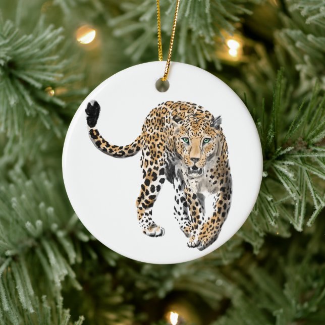 vattenfärgsleopard djungelkattmålad grönt av djur julgransprydnad keramik (Träd)