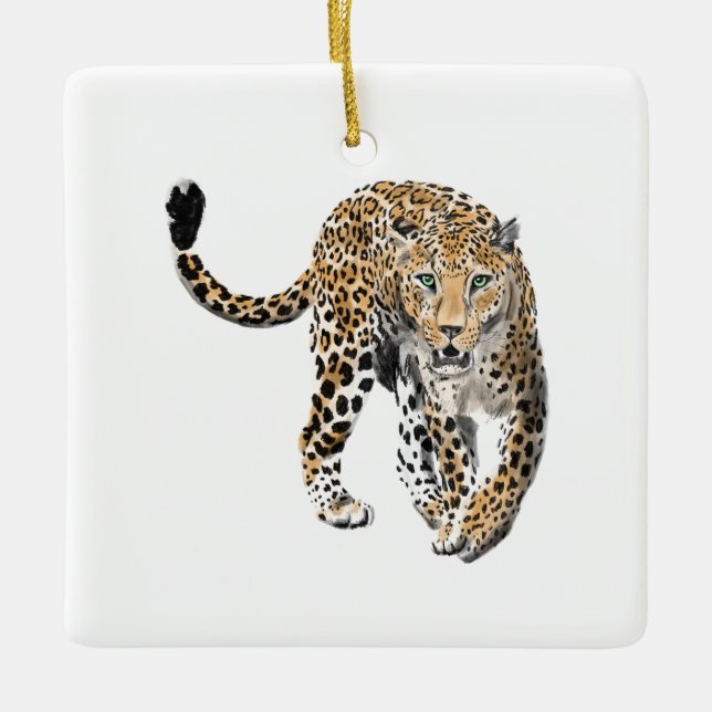 vattenfärgsleopard djungelkattmålad grönt av djur julgransprydnad keramik (Framsida)