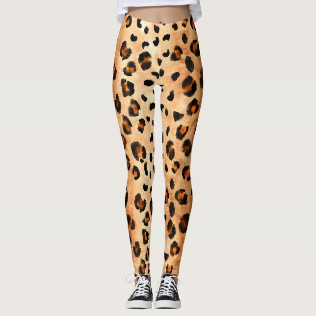 Vattenfärgsleopard Skriv ut: Exotic Päls Struktur Leggings (Framsida)