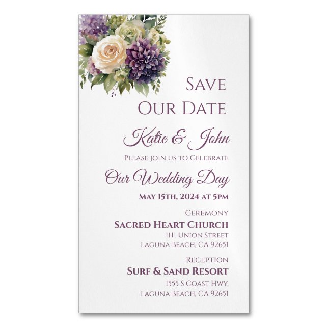 VattenfärgsLila Bouquet-Bröllop spara datum- Magnetiska Visitkort (Framsida vertikal)