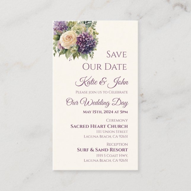 VattenfärgsLila Bouquet-Bröllop spara datum- Visitkort (Framsida)
