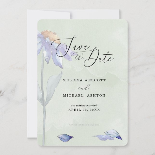 VattenfärgsLila Daisy Rustic Sage Grönt Bröllop Spara Datumet (Framsida)