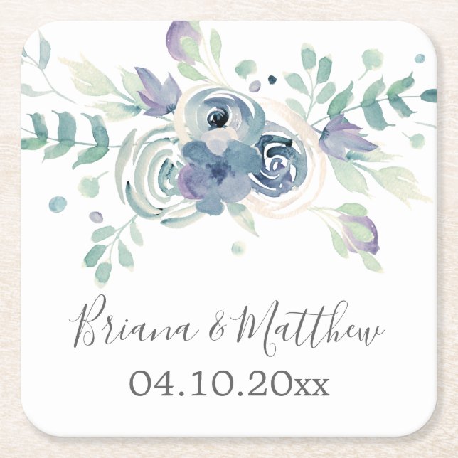 VattenfärgsLila Greenery Blommigt Elegant bröllop Underlägg Papper Kvadrat (Framsidan)