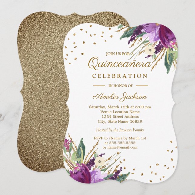 VattenfärgsLila Guld Flower Quinceanera Inbjudningar (Fram/baksida)