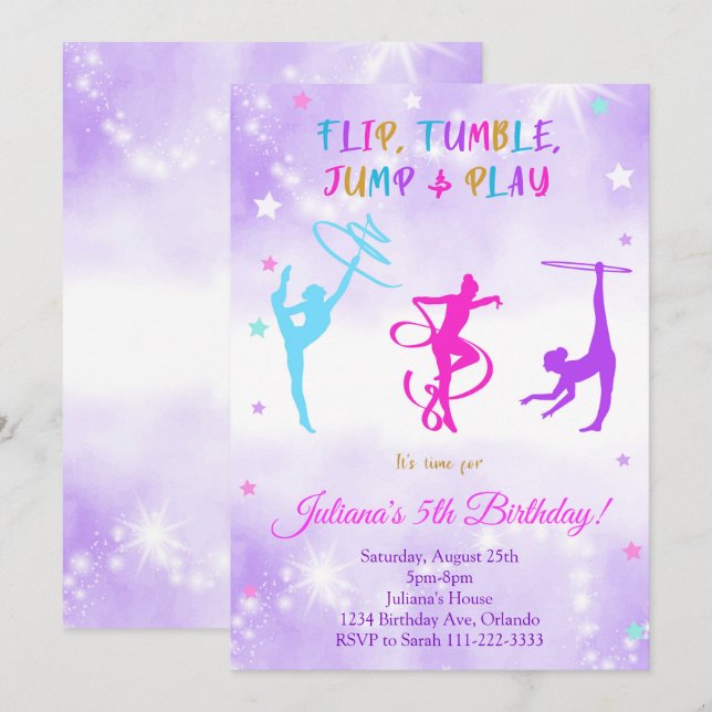 VattenfärgsLila Gymnastic Birthday Inbjudan (Fram/baksida)