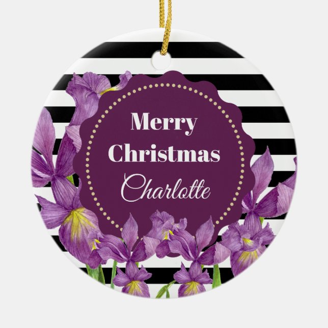 VattenfärgsLila Iris Black White Rand Mönster Julgransprydnad Keramik (Framsidan)